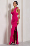 Luminescent Fuchsia Pink Cowl-Neck Split Maxi Dress