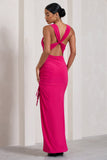Luminescent Fuchsia Pink Cowl-Neck Split Maxi Dress