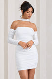Thea White Ruched Long-Sleeved Bodycon Mini Dress With Halter Collar