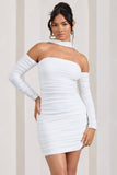 Thea White Ruched Long-Sleeved Bodycon Mini Dress With Halter Collar