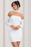 Thea White Ruched Long-Sleeved Bodycon Mini Dress With Halter Collar