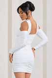 Thea White Ruched Long-Sleeved Bodycon Mini Dress With Halter Collar