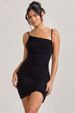Brightest Black Ruched Strappy Asymmetric Bodycon Mini Dress