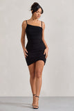 Brightest Black Ruched Strappy Asymmetric Bodycon Mini Dress