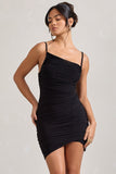 Brightest Black Ruched Strappy Asymmetric Bodycon Mini Dress