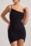 Brightest Black Ruched Strappy Asymmetric Bodycon Mini Dress