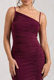 Brightest Burgundy Ruched Strappy Asymmetric Bodycon Mini Dress