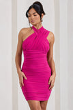 Shockwaves Fuchsia Pink Ruched Strappy Halter-Neck Mini Dress
