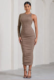 Luciene Mocha Ruched Asymmetric Bodycon Midi Dress With Sheer Sleeve