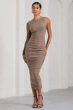 Luciene Mocha Ruched Asymmetric Bodycon Midi Dress With Sheer Sleeve