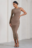 Luciene Mocha Ruched Asymmetric Bodycon Midi Dress With Sheer Sleeve