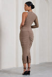 Luciene Mocha Ruched Asymmetric Bodycon Midi Dress With Sheer Sleeve