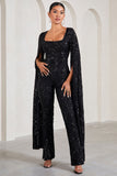 Cher Black Sequin Lace Square-Neck Jumpsuit With Cape Sleeves