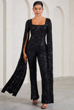 Cher Black Sequin Lace Square-Neck Jumpsuit With Cape Sleeves