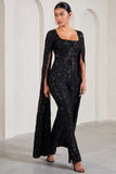 Cher Black Sequin Lace Square-Neck Jumpsuit With Cape Sleeves