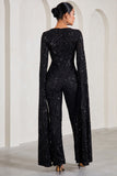 Cher Black Sequin Lace Square-Neck Jumpsuit With Cape Sleeves