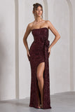 Alexandria Burgundy Sequin Corset Maxi Dress With Flowers