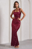 Yvonne Plum Sequin Open-Back Bodycon Maxi Dress