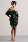 Aspen Bottle Green Bardot Mini Dress With Ruffles