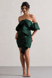 Aspen Bottle Green Bardot Mini Dress With Ruffles