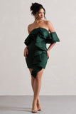 Aspen Bottle Green Bardot Mini Dress With Ruffles