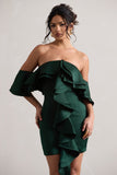 Aspen Bottle Green Bardot Mini Dress With Ruffles