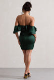 Aspen Bottle Green Bardot Mini Dress With Ruffles