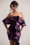 Aspen Black Floral Print Bardot Mini Dress With Ruffles