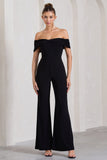 Gemma Black Bardot Open-Back Flared-Leg Jumpsuit