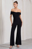 Gemma Black Bardot Open-Back Flared-Leg Jumpsuit