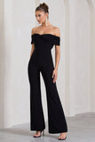 Gemma Black Bardot Open-Back Flared-Leg Jumpsuit