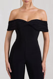 Gemma Black Bardot Open-Back Flared-Leg Jumpsuit