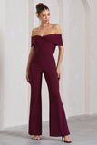 Gemma Burgundy Bardot Open-Back Flared-Leg Jumpsuit