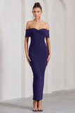 Vivienne Purple Bardot Open-Back Maxi Dress