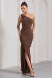 The Limelight Chocolate One Shoulder Ruched Maxi Dress