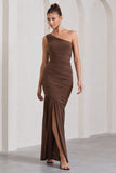 The Limelight Chocolate One Shoulder Ruched Maxi Dress