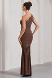 The Limelight Chocolate One Shoulder Ruched Maxi Dress