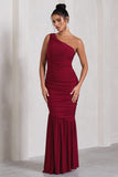 The Limelight Berry One Shoulder Ruched Maxi Dress