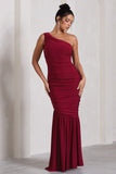 The Limelight Berry One Shoulder Ruched Maxi Dress