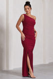 The Limelight Berry One Shoulder Ruched Maxi Dress