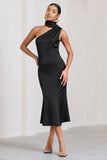 Golden Girl Black Satin One Shoulder High-Neck Flared Midi Dress