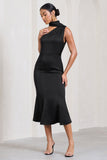 Golden Girl Black Satin One Shoulder High-Neck Flared Midi Dress