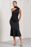 Golden Girl Black Satin One Shoulder High-Neck Flared Midi Dress
