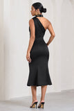 Golden Girl Black Satin One Shoulder High-Neck Flared Midi Dress