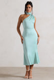 Golden Girl Mint Satin One Shoulder High-Neck Flared Midi Dress