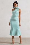 Golden Girl Mint Satin One Shoulder High-Neck Flared Midi Dress