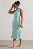 Golden Girl Mint Satin One Shoulder High-Neck Flared Midi Dress