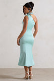 Golden Girl Mint Satin One Shoulder High-Neck Flared Midi Dress