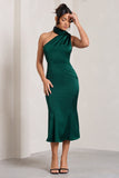 Golden Girl Bottle Green Satin One Shoulder High-Neck Flared Midi Dress