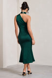 Golden Girl Bottle Green Satin One Shoulder High-Neck Flared Midi Dress